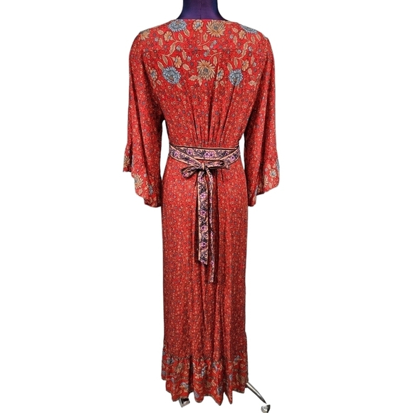 Bali Rattan Red Floral Kimono Maxi Dress Boho Peasant Size Medium‎ Women's - Picture 8 of 10